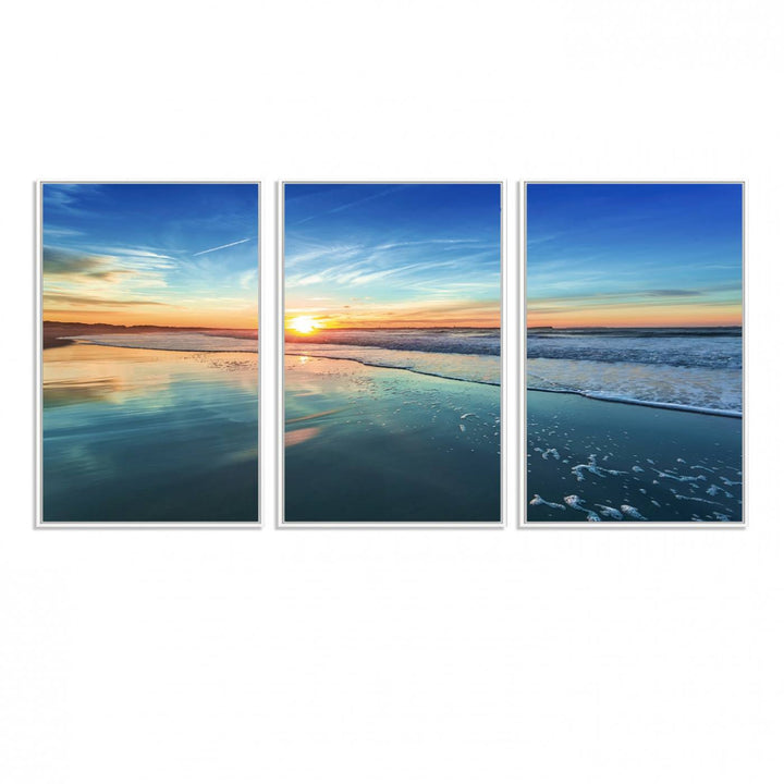 The Blue Sky and Beach Wall Art Canvas Print features a vibrant orange sky reflecting on wet sand.