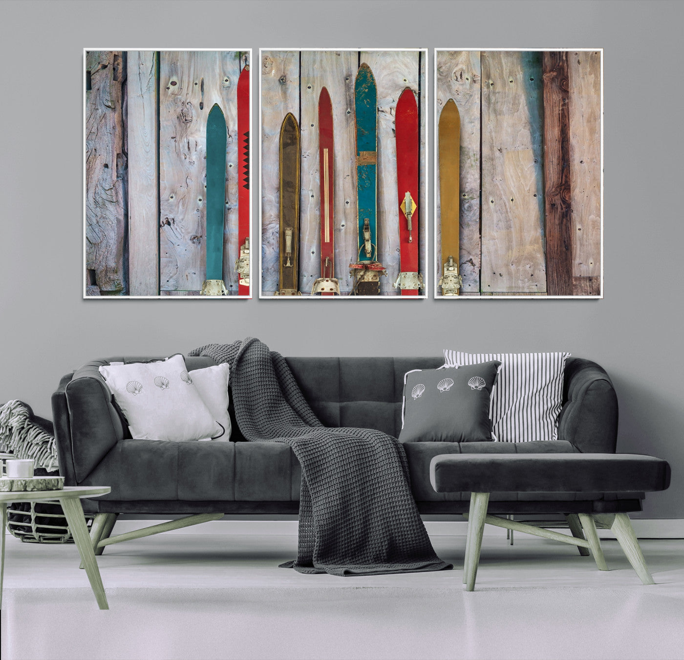 MGV-FC-60X30-3P - Vintage Wooden Weathered Ski's in Front of an Old Barn Wall Art Canvas Print for Farmhouse, Cabin