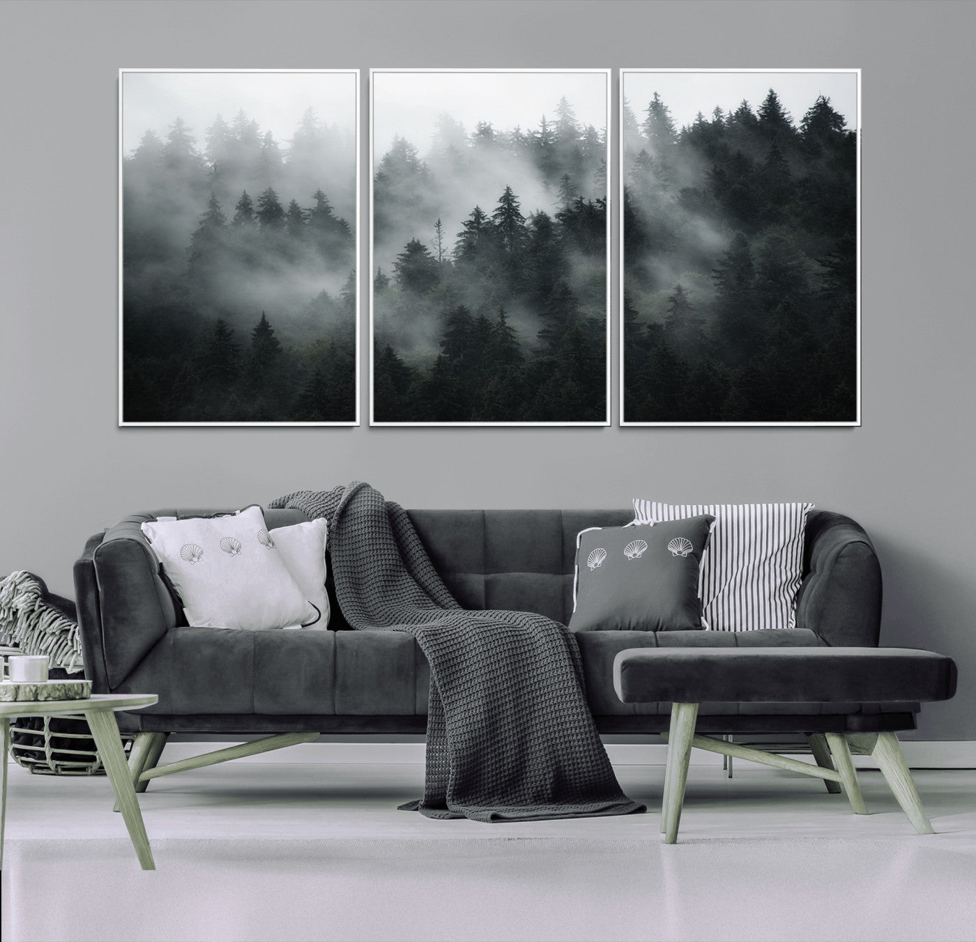 52359-MGV-FC-60X30-3P_White-Foggy Forest Wall Art Canvas Print | 3 Panel Large Misty Landscape for Dining Room, Office, or Living Room | Ready to Hang Nature Deco