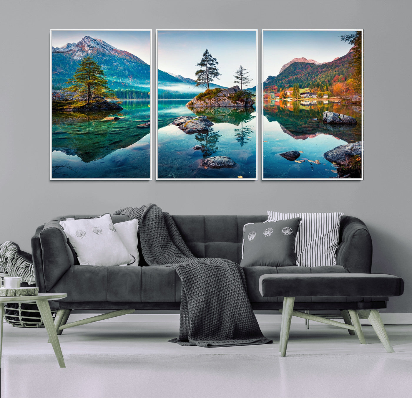 MGV-FC-60X30-3P - Crystal Clear Lake Wall Art | Mountains Wall Art Canvas | 3 Panel Large Landscape Print for Dining