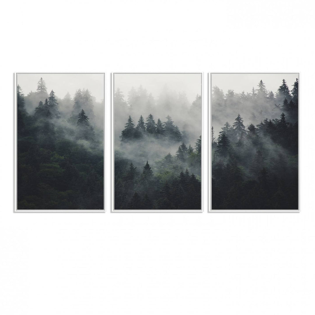 The Serene Triptych Print features tall evergreens, creating a mysterious and calming atmosphere.