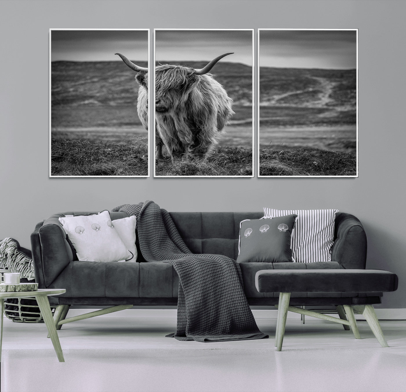 MGV-FC-60X30-3P - Fluffy Cattle Wall Art Print, Highland Cow Canvas, Framed Black and white Wall Art
