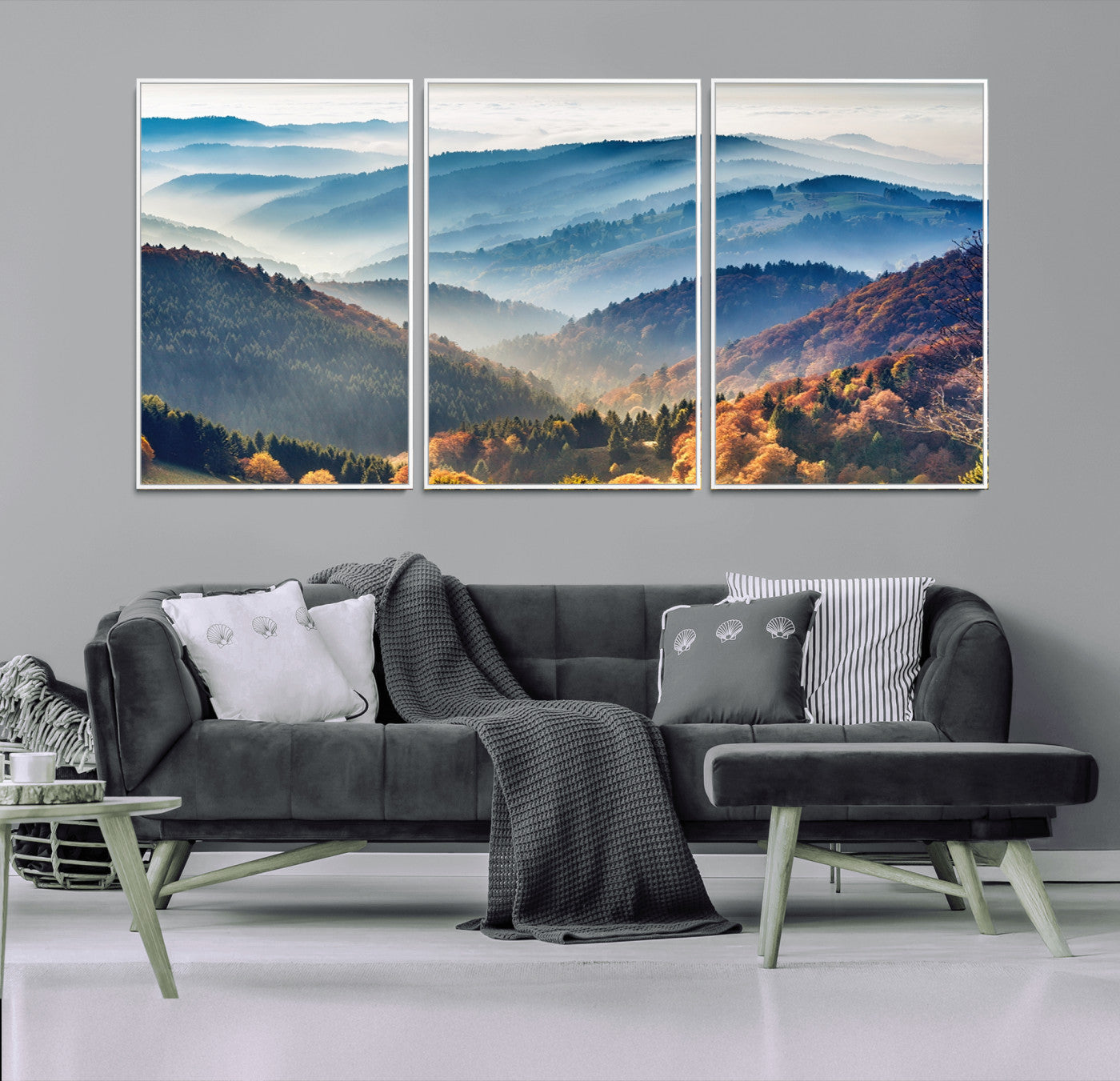 23293-MGV-FC-60X30-3P_White-Misty Mountain Sunrise Triptych Canvas Print – Autumn Landscape Wall Art – Scenic Nature Decor – Ready to Hang