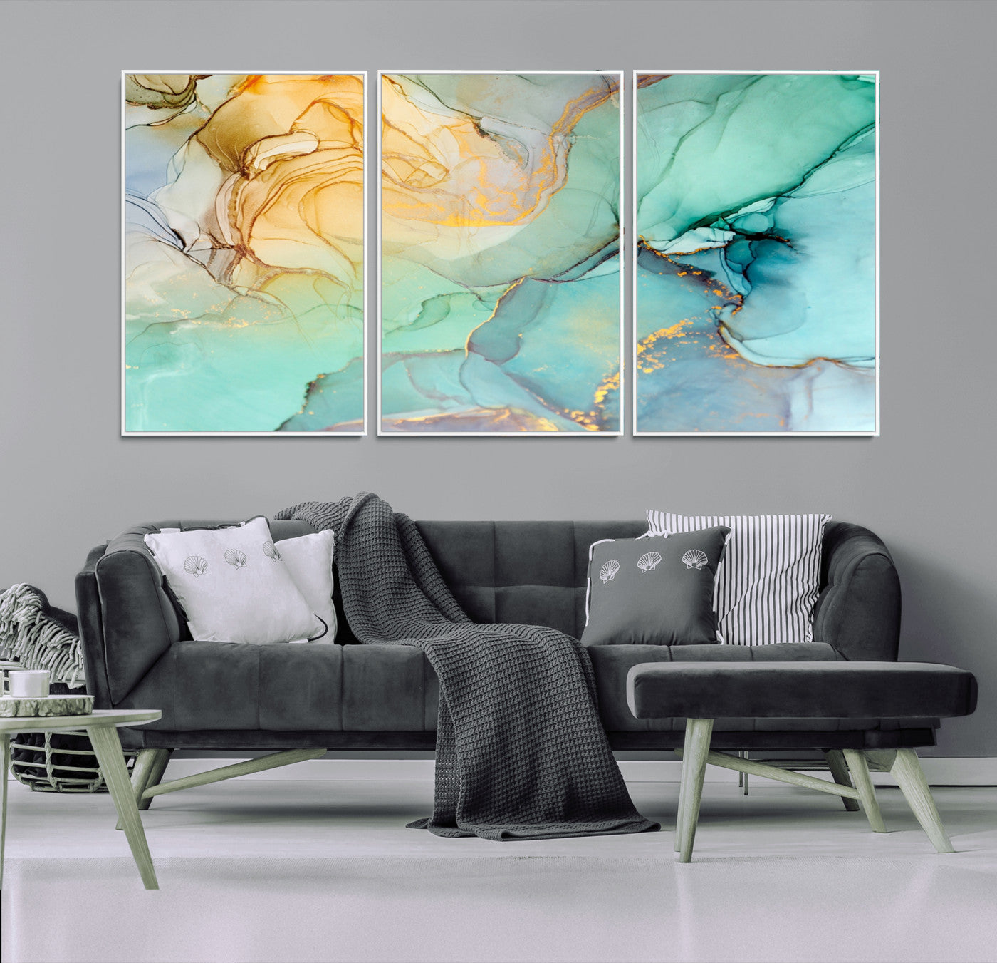 84233-MGV-FC-60X30-3P_White-Abstract Aqua and Gold Fluid Wall Art Canvas | 3 Panel Large Canvas Print for Living Room, Office, or Modern Space | Elegant Contemporary