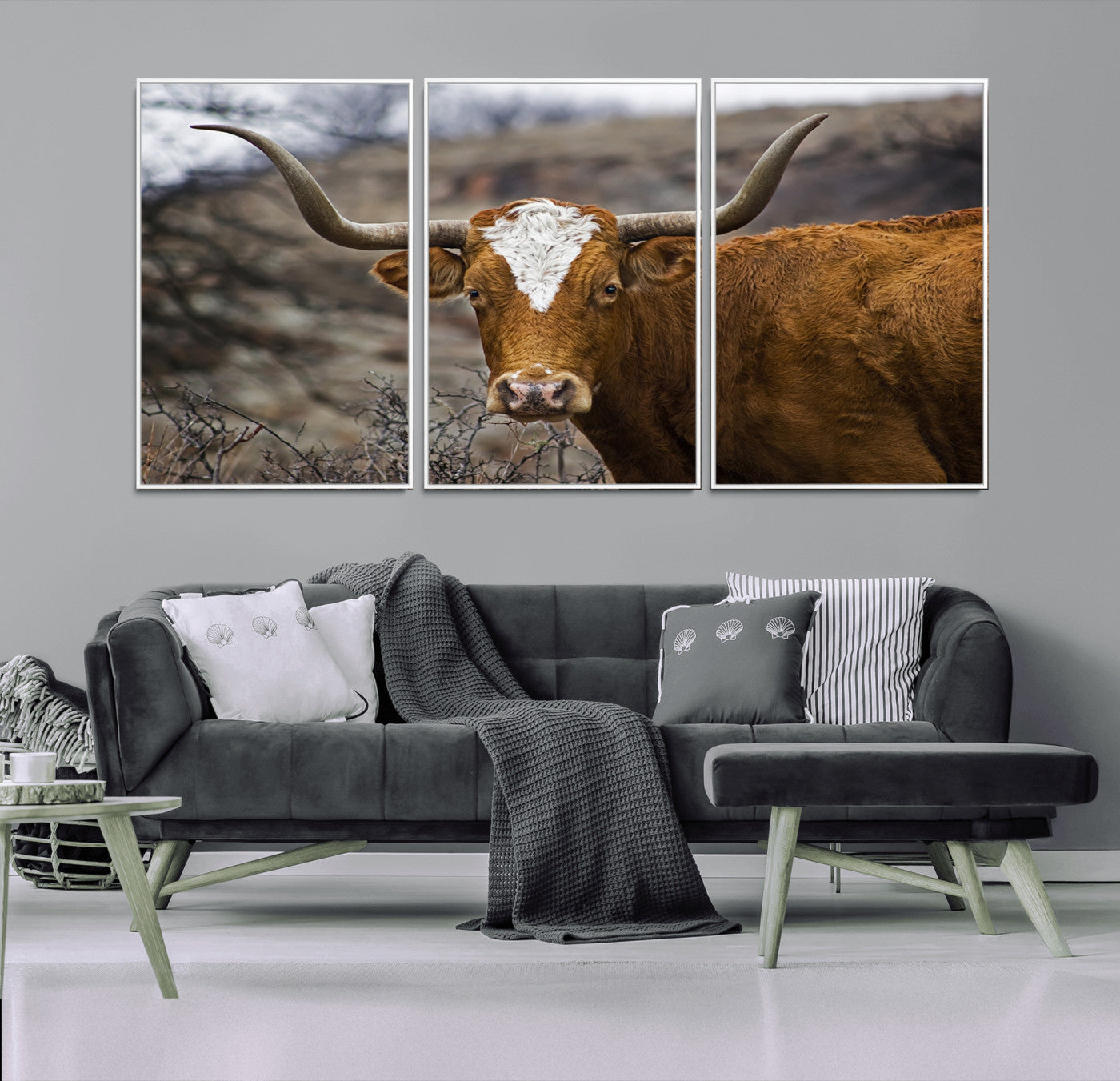 71797-MGV-FC-60X30-3P_White-Texas Longhorn Canvas Wall Art - Longhorn Steer Canvas Wall Art Print- Rustic Western Animal Print, Large Longhorn Decor for Living Room,