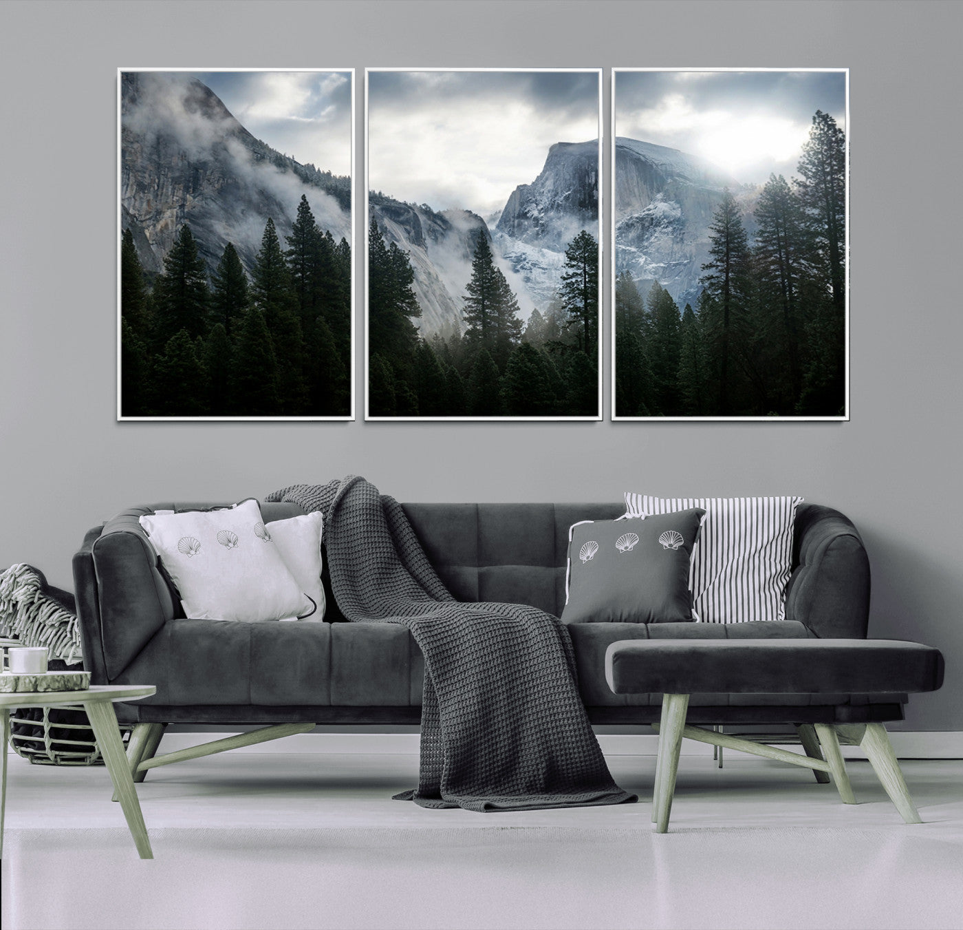98725-MGV-FC-60X30-3P_White-Yosemite National Park El Capitan Foggy Mountain Wall Art | Large Canvas Print for Living Room, Office, Bedroom | Misty Forest and Mountain