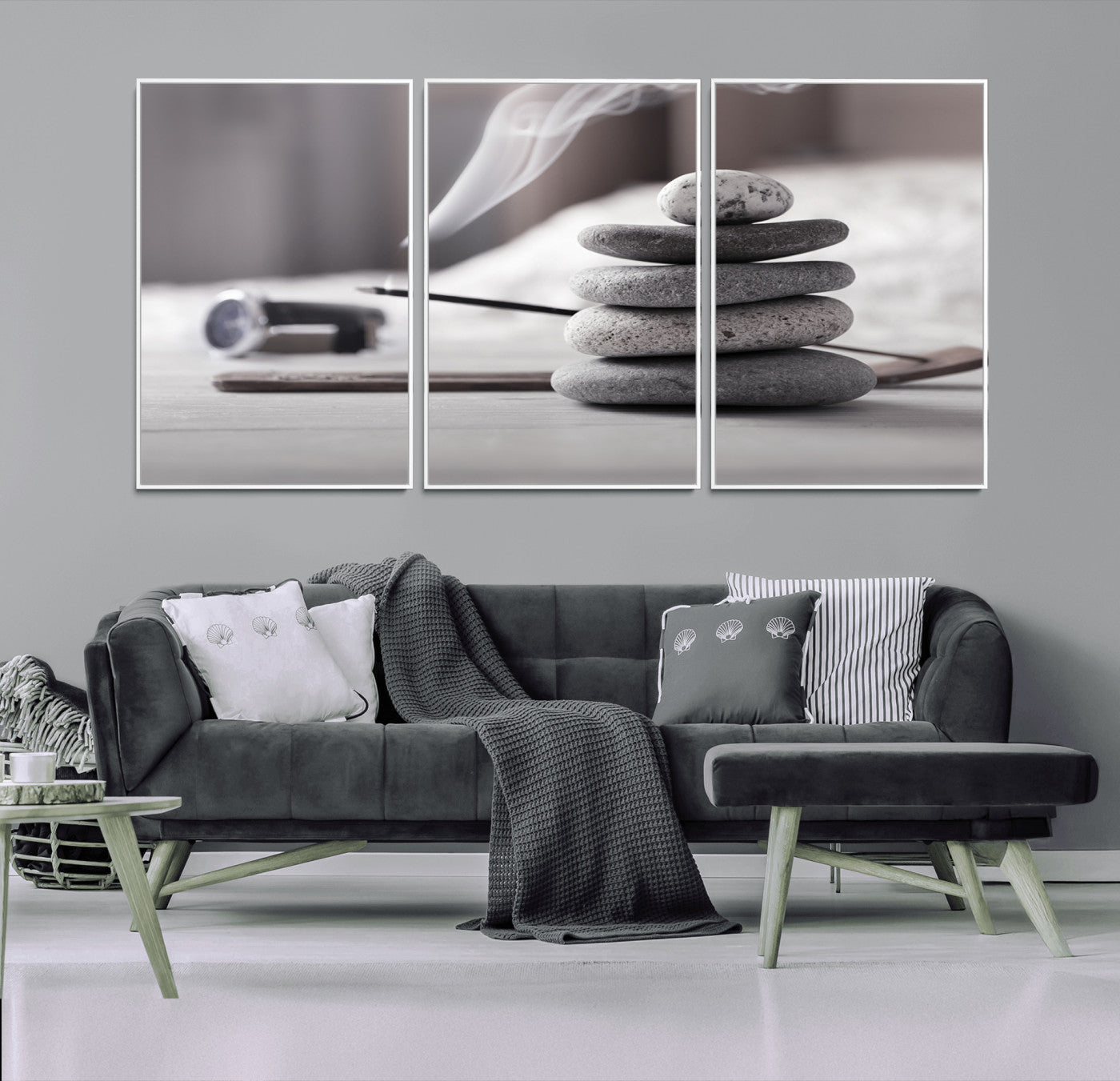 50072-MGV-FC-60X30-3P_White-Burning Incense and Zen Stones Buddhism Wall Art, Zen Stones Wall Art Canvas Print