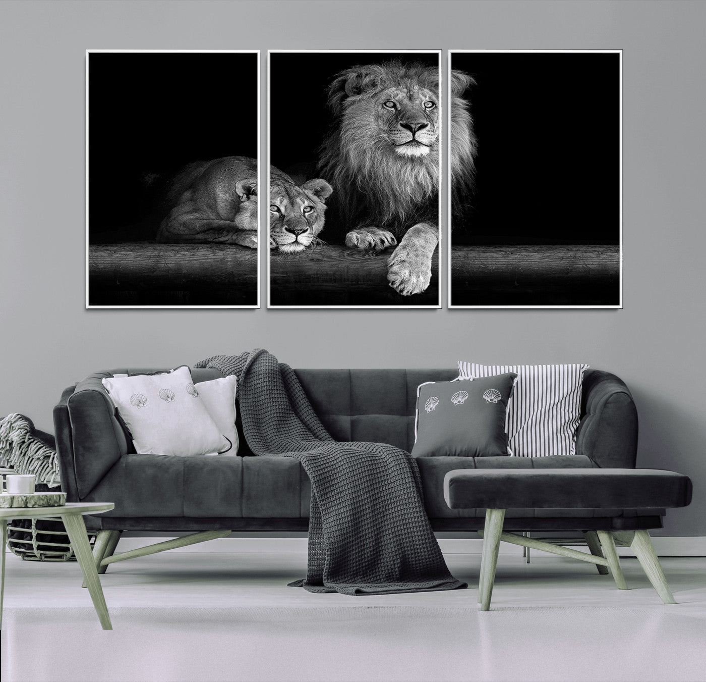 MGV-FC-60X30-3P - Large Black and White Lion Couple Wall Art Canvas Print