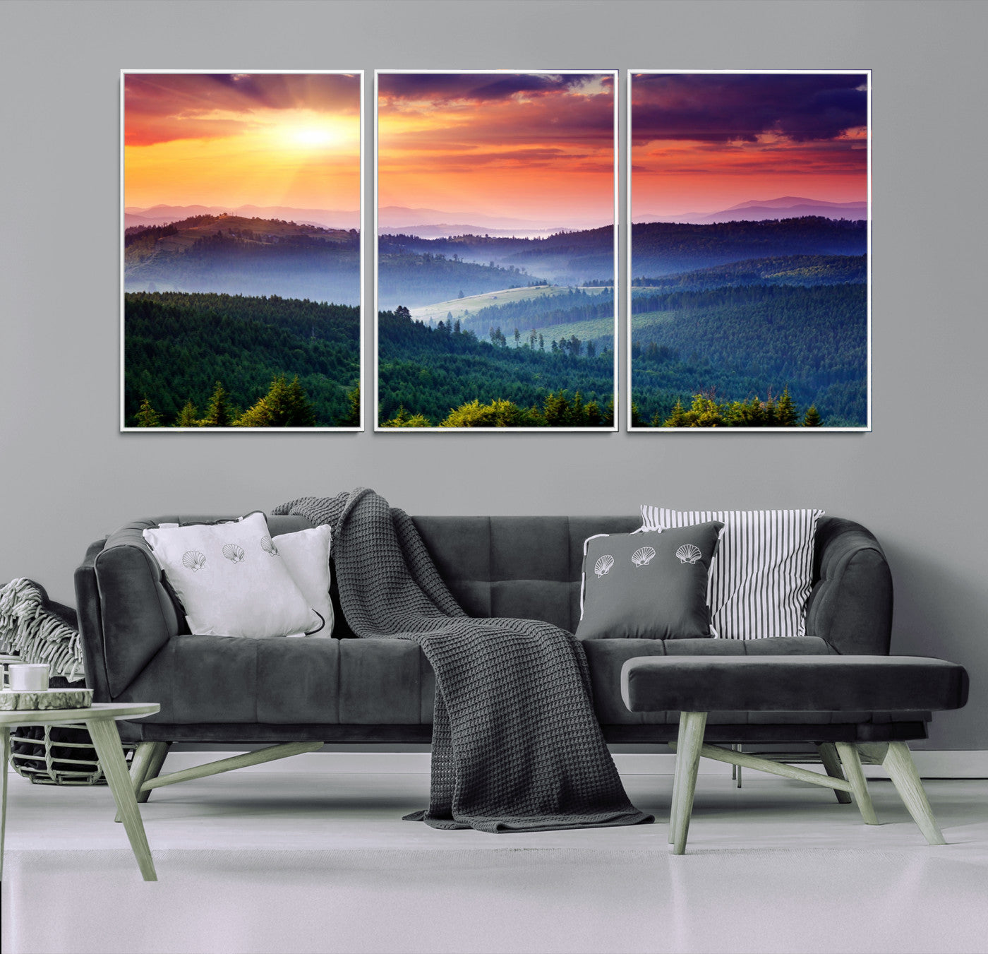 86411-MGV-CV-36X24-Sunset over Mountain Canvas Print, Forest Canvas Wall Art – Triptych Nature Landscape for Living