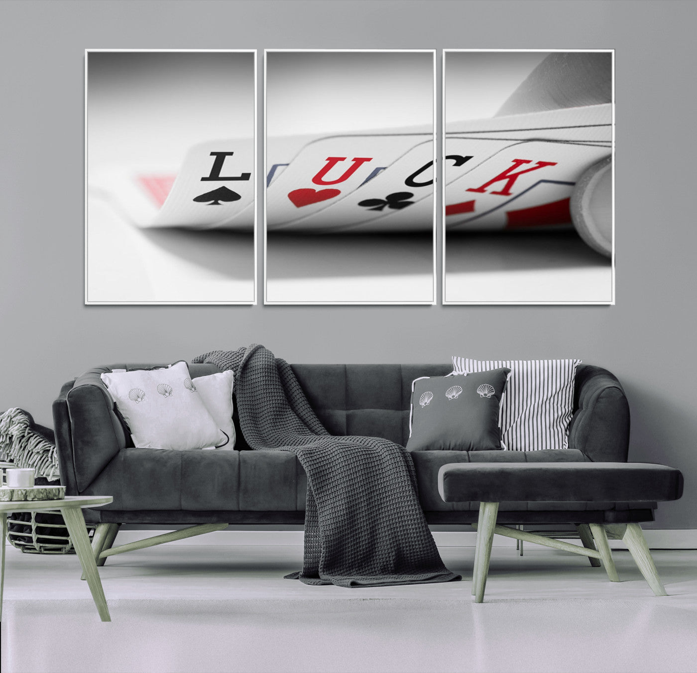 55160-MGV-FC-60X30-3P_White-Framed Luck Poker Cards Canvas – Modern Triptych Wall Art, Ready to Hang for Game Rooms