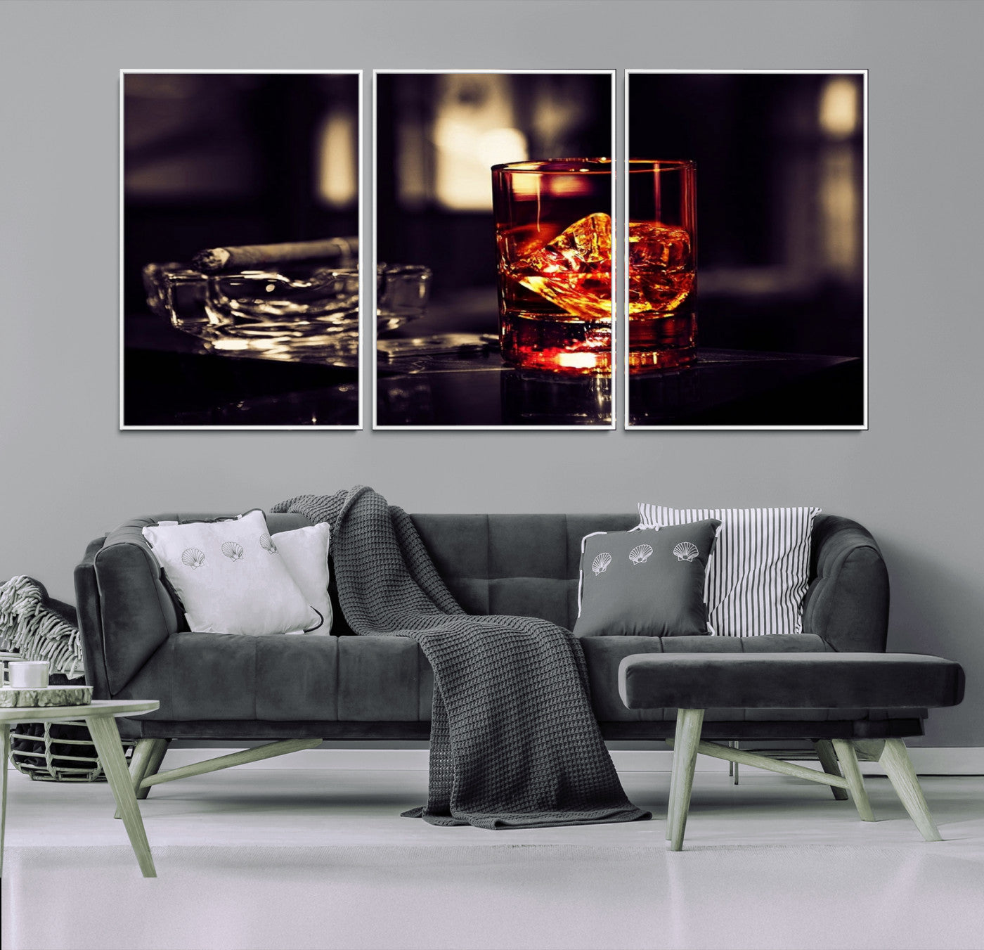 MGV-FC-60X30-3P - Whiskey and Cigar Canvas – Luxurious Wall Art for Home or Bar – Glass and Cigar Scene Print Canvas