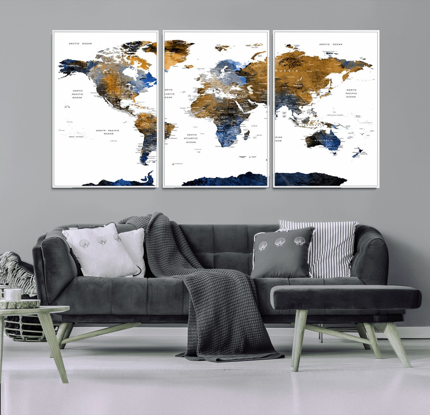 32677-MGV-CV-36X24-Modern Abstract World Map Canvas Wall Art – Framed Blue and Gold Map Print, Elegant Contemporary Travel Decor for Home and Office Walls