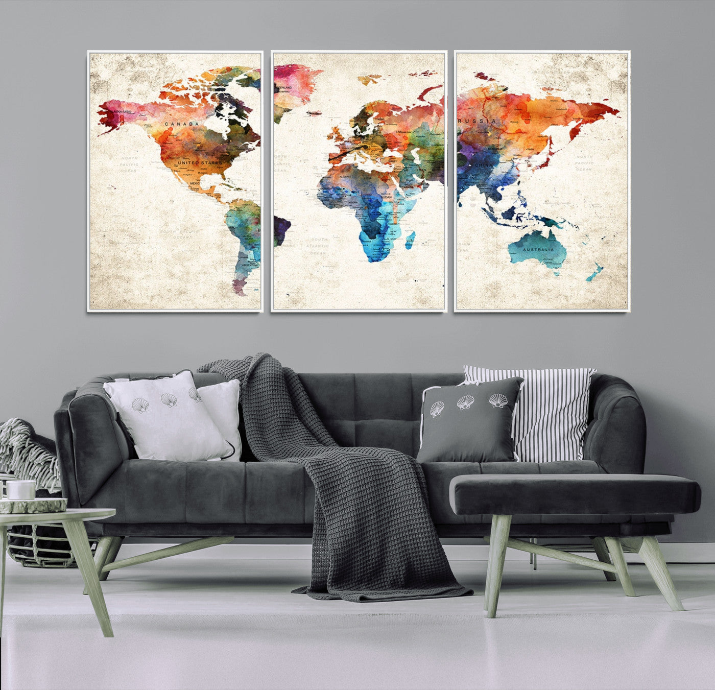 66549-MGV-CV-36X24-Colorful Watercolor World Map Canvas Wall Art – Framed Push Pin Travel Map for Home and Office Decor, Artistic Modern Wall Artwork