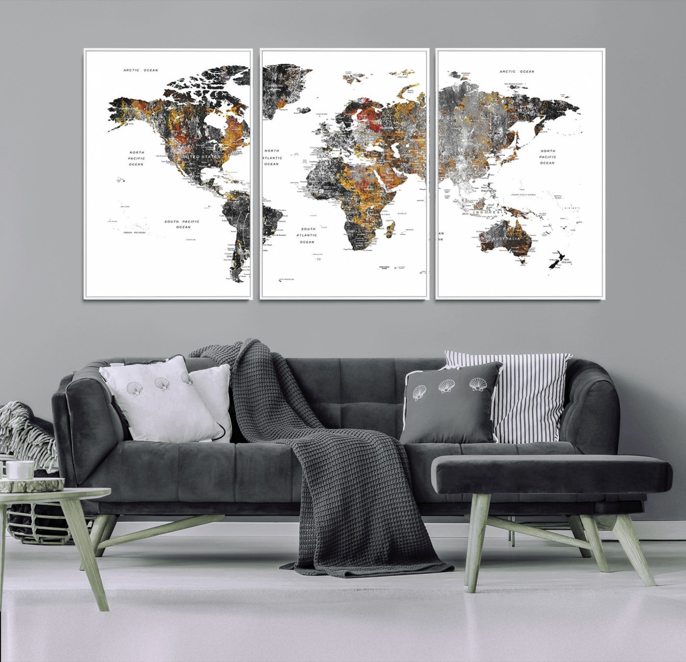 67481-MGV-CV-36X24-Modern Metallic World Map Canvas Wall Art – Framed Contemporary World Map Print, Stylish Travel Inspired Decor for Home and Office Walls