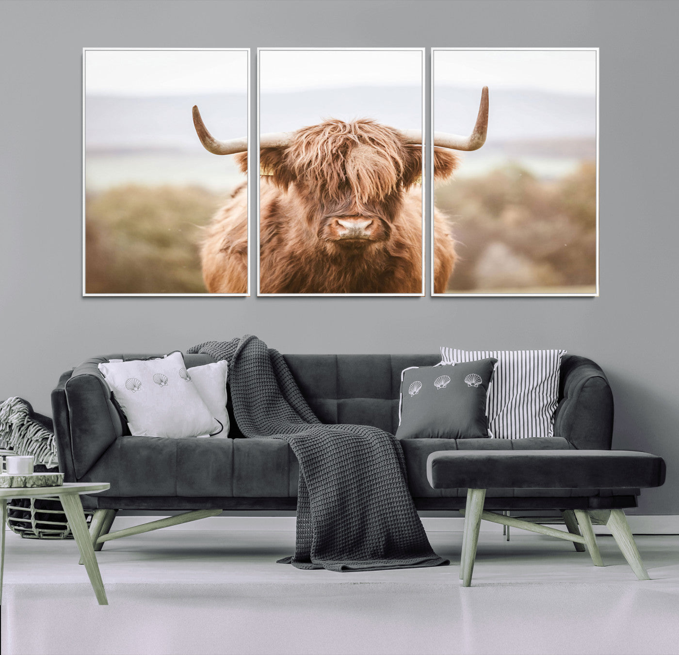 MGV-FC-60X30-3P - Scottish Serene Highland Cow Canvas Wall Art – Serene Highland Cow in Natural Pastel Tones – Ready