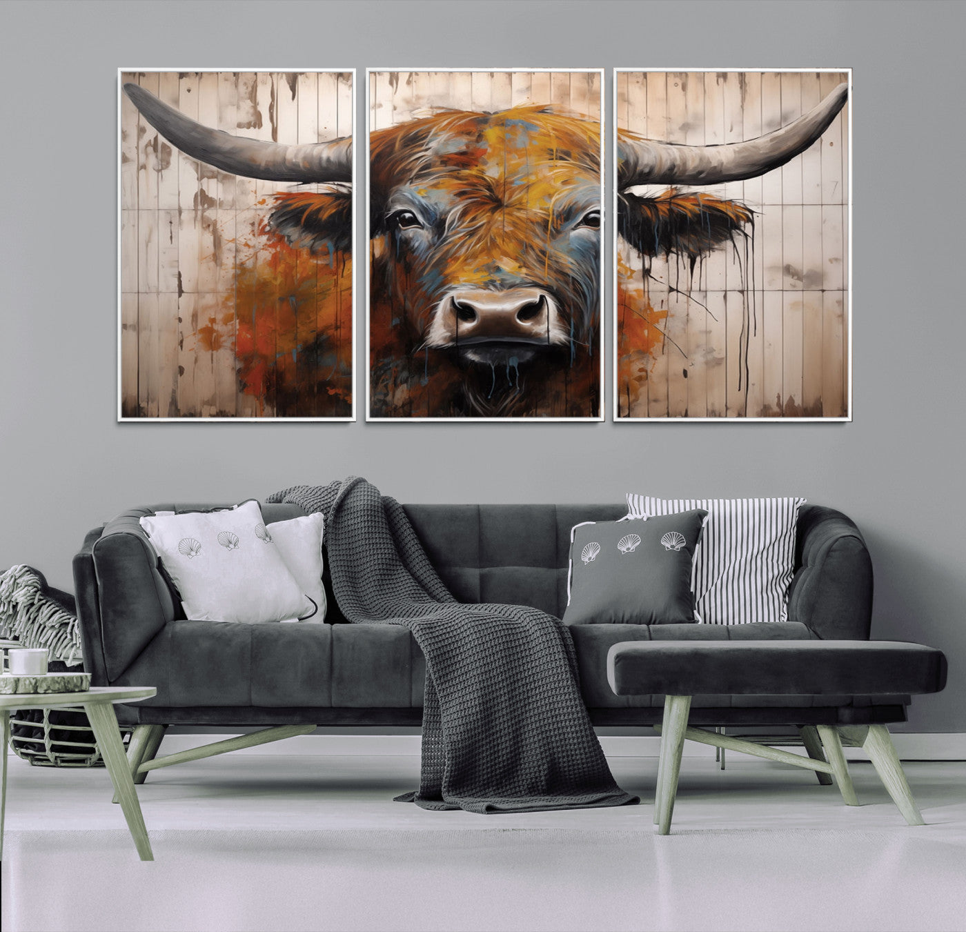MGV-FC-60X30-3P - Abstract Bull Highland Cow Canvas Wall Art Print – Vibrant Rustic Charm in Modern Farmhouse Decor –