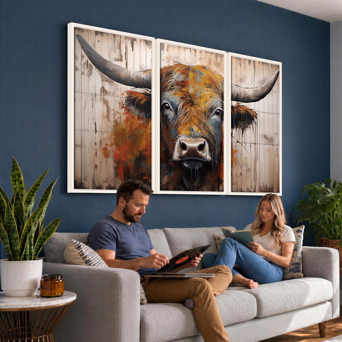 47284-MGV-CV-24X16 - Abstract Bull Highland Cow Canvas Wall Art Print