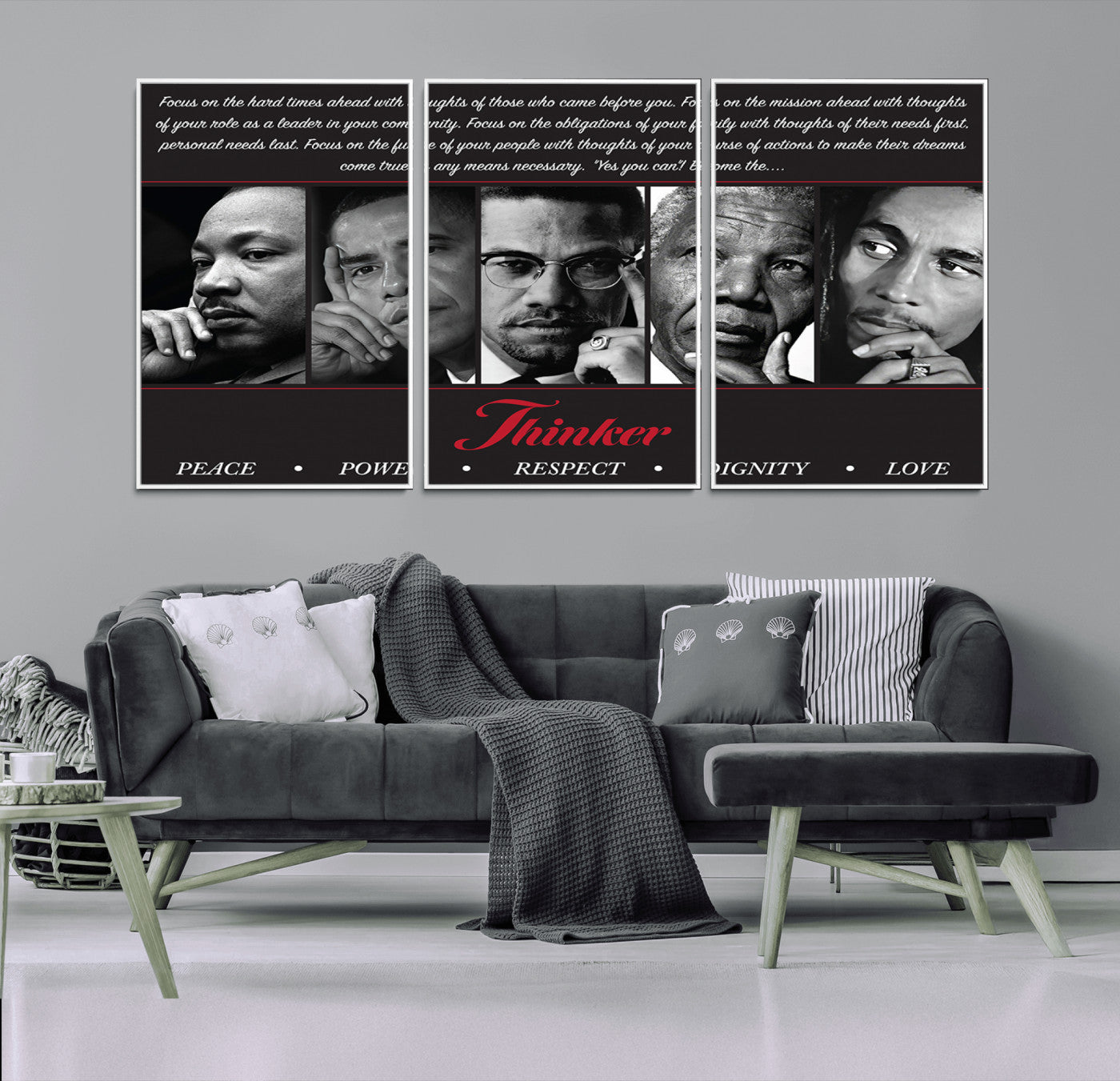 45112-MGV-CV-36X24-Thinker Quintet Canvas Wall Art – Martin, Obama, Malcolm X, Mandela, Marley Featuring Peace, Power,
