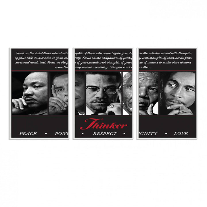 The Thinker Quintet Canvas Wall Art features portraits of Martin, Obama, Malcolm X, Mandela, and Marley, each representing virtues such as Peace and Power.