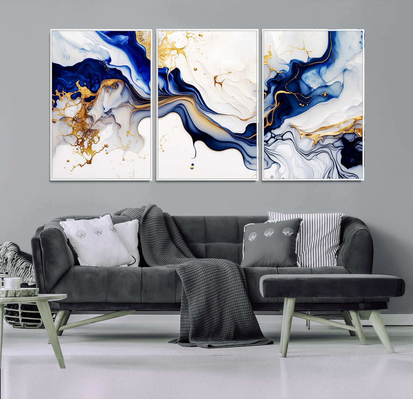 MGV-FC-60X30-3P - Golden Cascades on Midnight Blue – Deep Blue Abstract Wall Art Flowing Elegance | Wall Art Canvas,