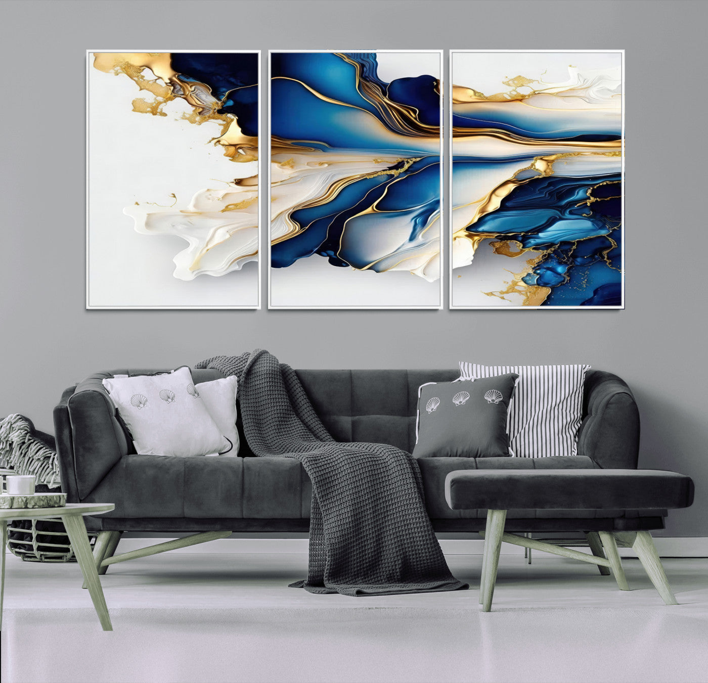 MGV-FC-60X30-3P - Gold Marble Art - Abstract Geode Gold And Blue Marble Shape 3 Pieces Wall Art Canvas Print