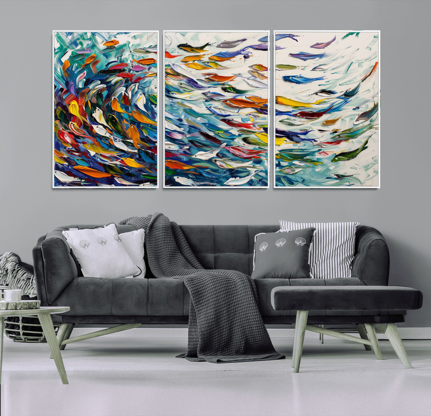 MGV-FC-60X30-3P - Modern Abstract Fish Shoal Wall Art Canvas Print, Colorful Fish Herd Painting on Canvas Print, Ocean
