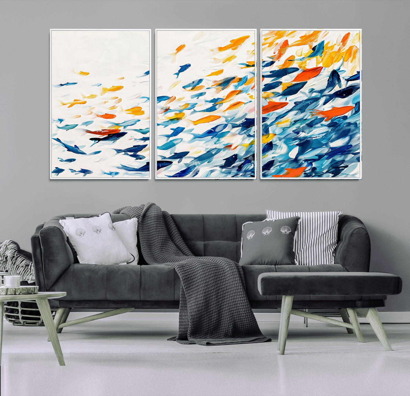 MGV-FC-60X30-3P - Abstract Fish Shoal Wall Art Canvas Print, Colorful Fish Herd Painting on Canvas Print, Ocean Animal