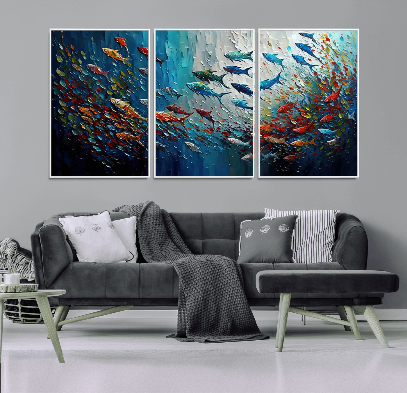 89626-MGV-CV-36X24-Modern Abstract Fish Shoal Wall Art Canvas Print, Colorful Fish Herd Painting on Canvas Print, Ocean