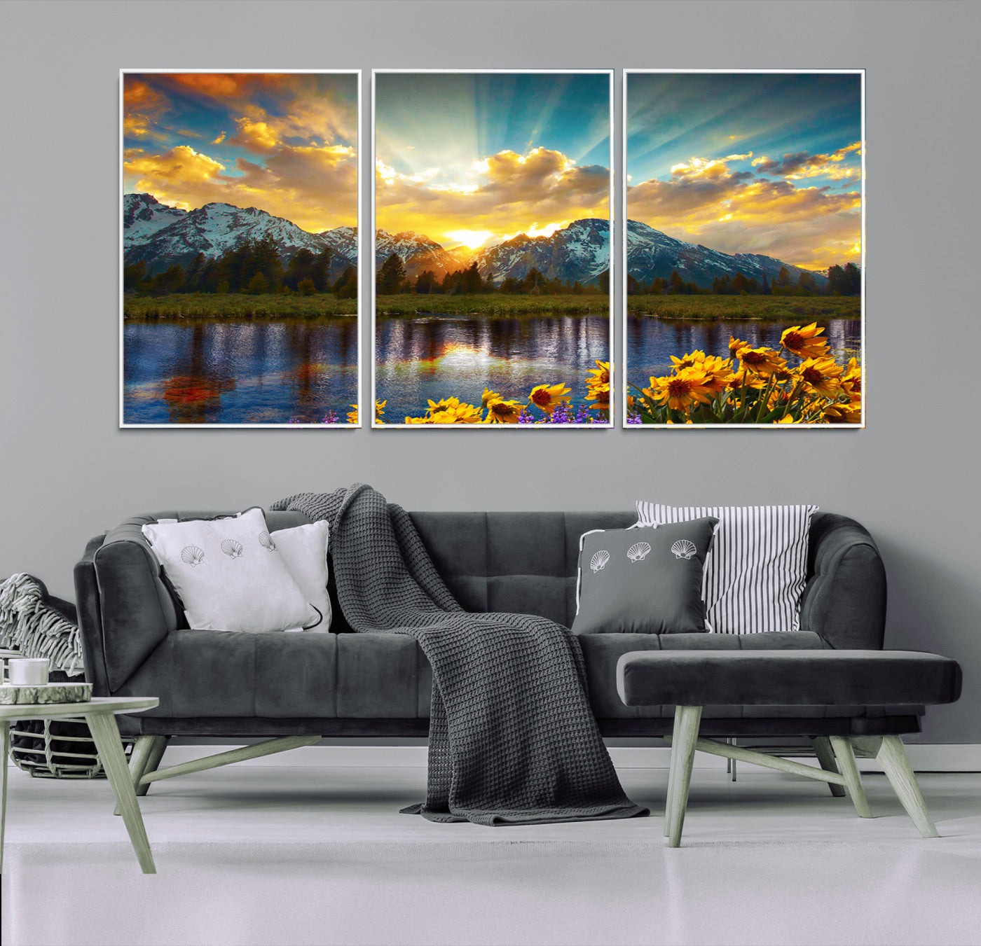 MGV-FC-60X30-3P - Grand Teton Park Amazing Mountain Landscape Sunset Wall Art Canvas Print