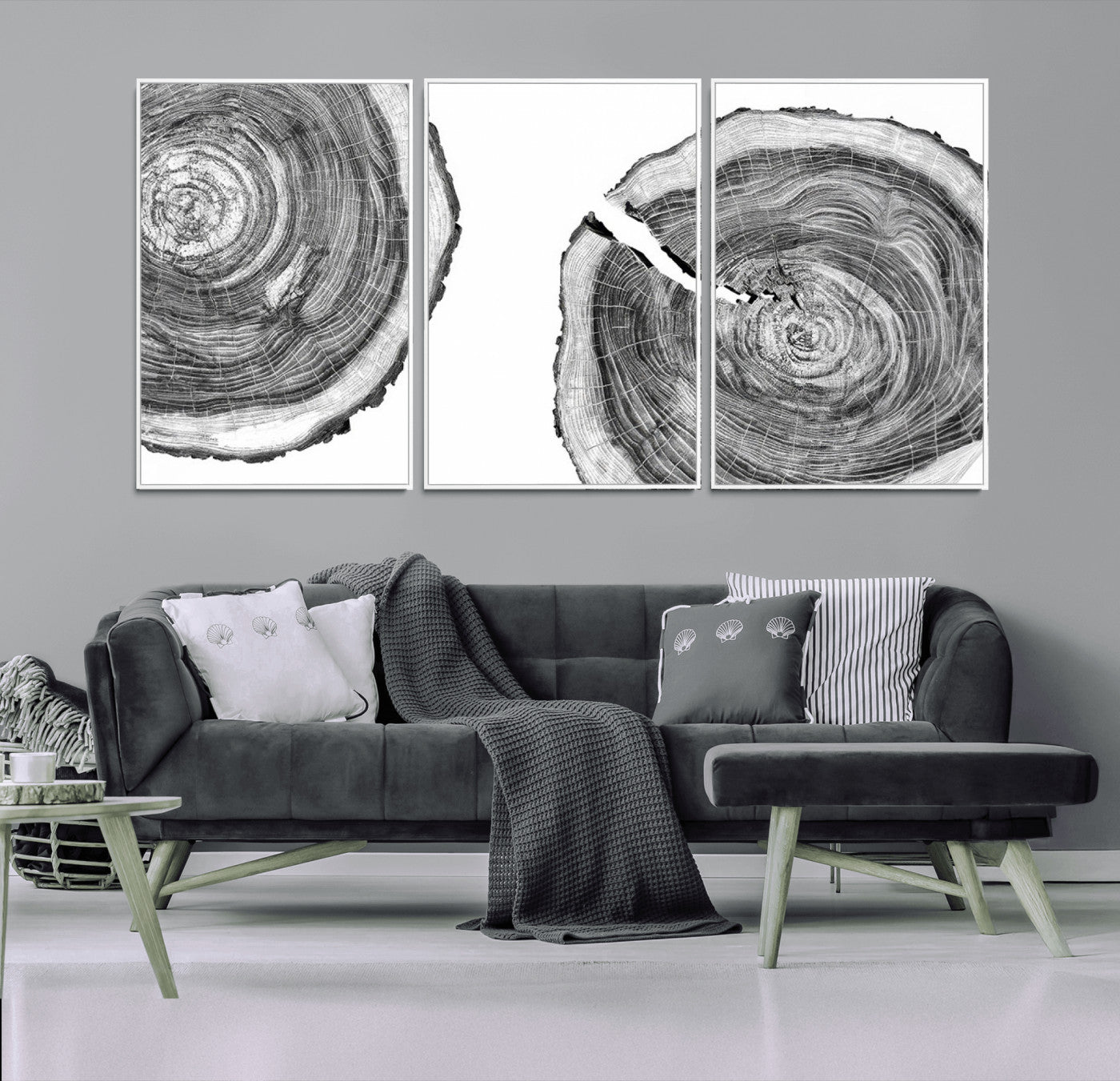 MGV-FC-60X30-3P - Modern Black and White Tree Rings Canvas Wall Art – Nature Inspired Wood Slice Print – Minimalist