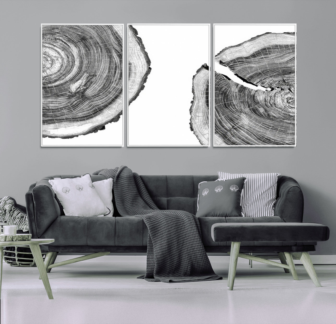 52770-MGV-CV-36X24-Abstract Large Tree Rings – Minimalist Black and White Wood Art | Triptych Canvas, Modern Wall Decor