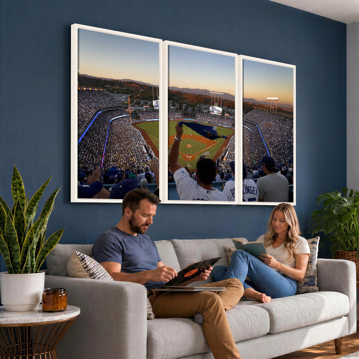 60162-MGV-CV-36X24 - Dodger Stadium Sunset Game Triple Canvas Wall Art, Los Angeles Dodgers MLB Match