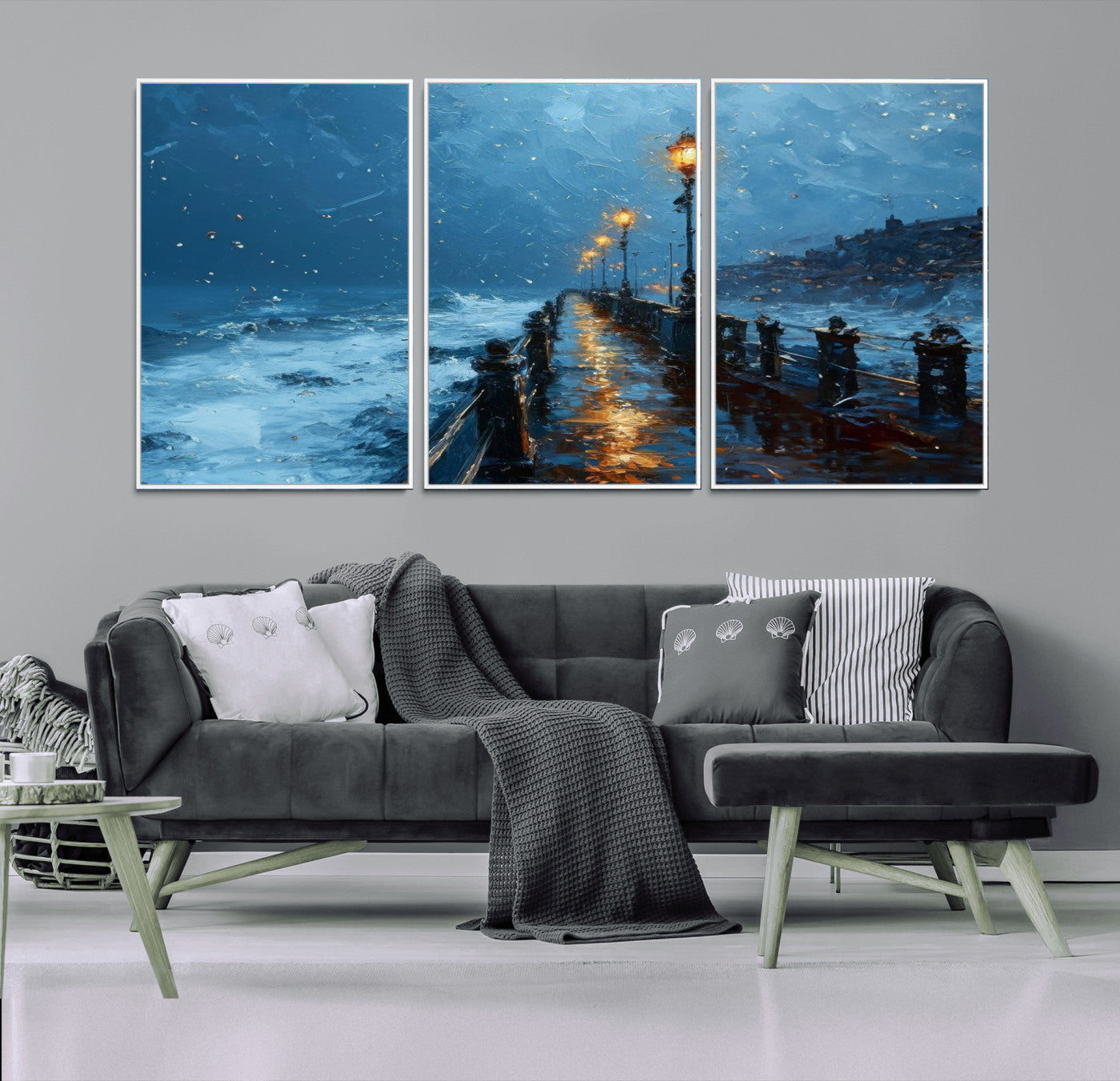 MGV-FC-60X30-3P - Stormy Night at Beach Pier Oil Painting Large Wall Art Print, Framed Canvas Nature Wall Decor,