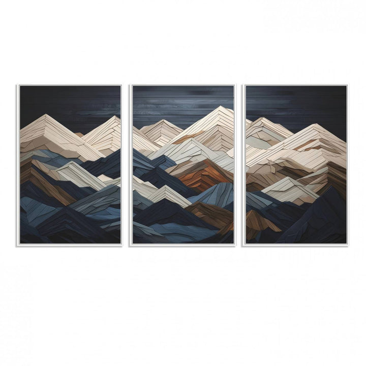 Wood Mountain Range Wall Art - Ready to Hang 3-Piece Set for Modern Rustic Decor, Abstract Wooden Design for Living Rooms Offices