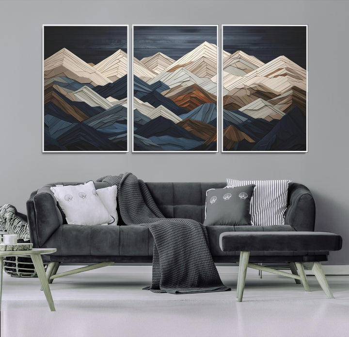 Rustic Mountain Landscape Wall Art Print - Wooden 3D Effect Mountain Canvas Print - Textured Peaks Wall Art for Cabin or Lodge Decor