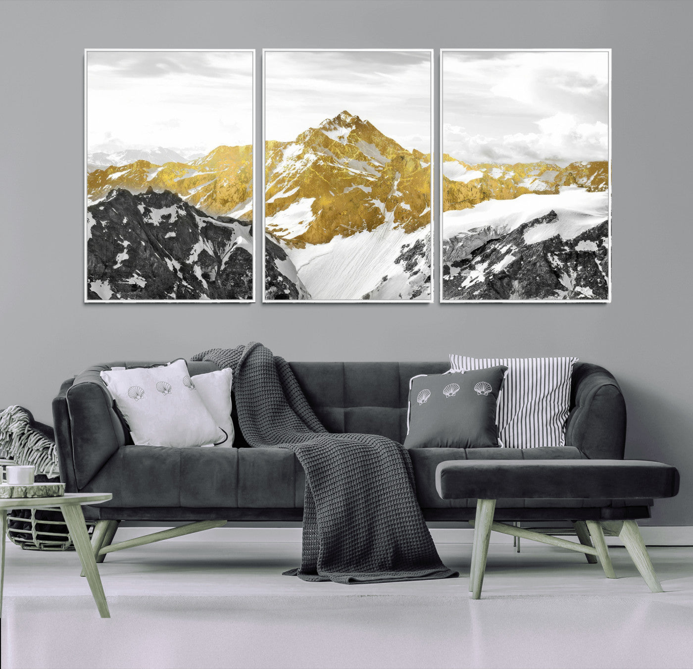 MGV-FC-60X30-3P - Gold Abstract Mountains Wall Art Print on Canvas, Nature Wall Art Print,