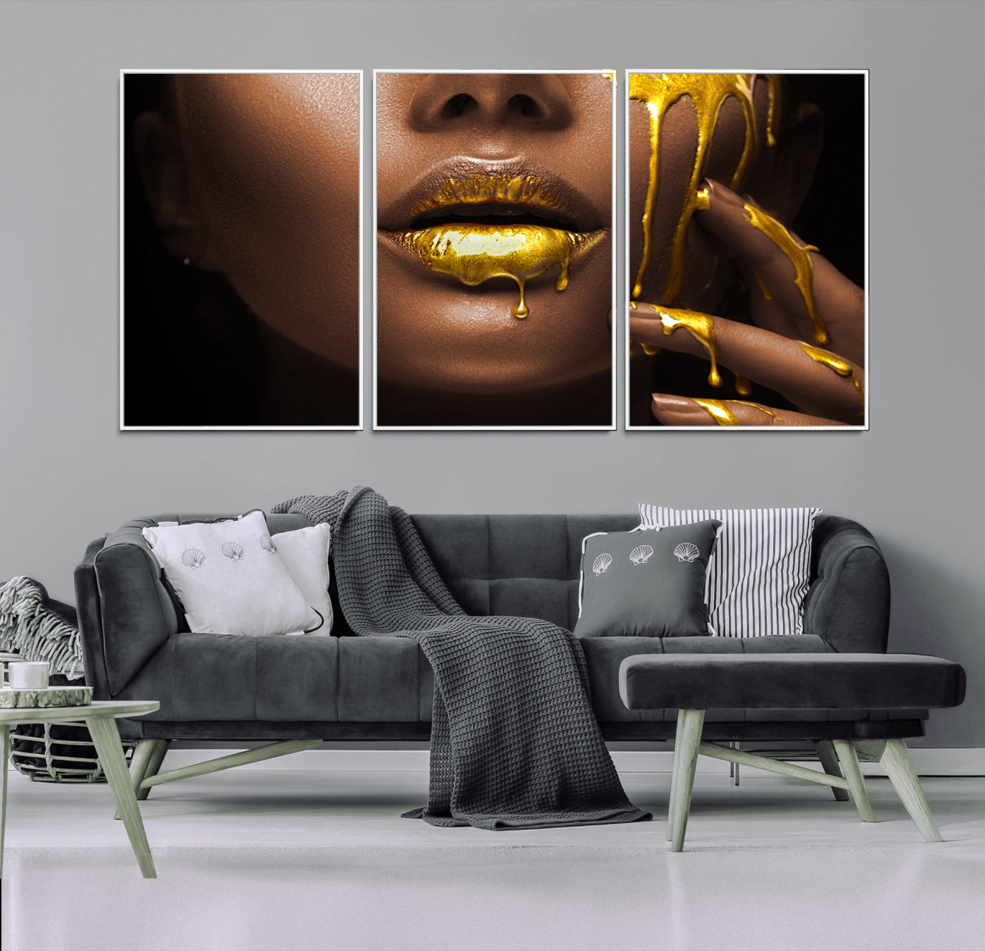 MGV-FC-60X30-3P - African American Art Black Woman Canvas Print, African Wall Art, Fashion African Woman Gold Lips
