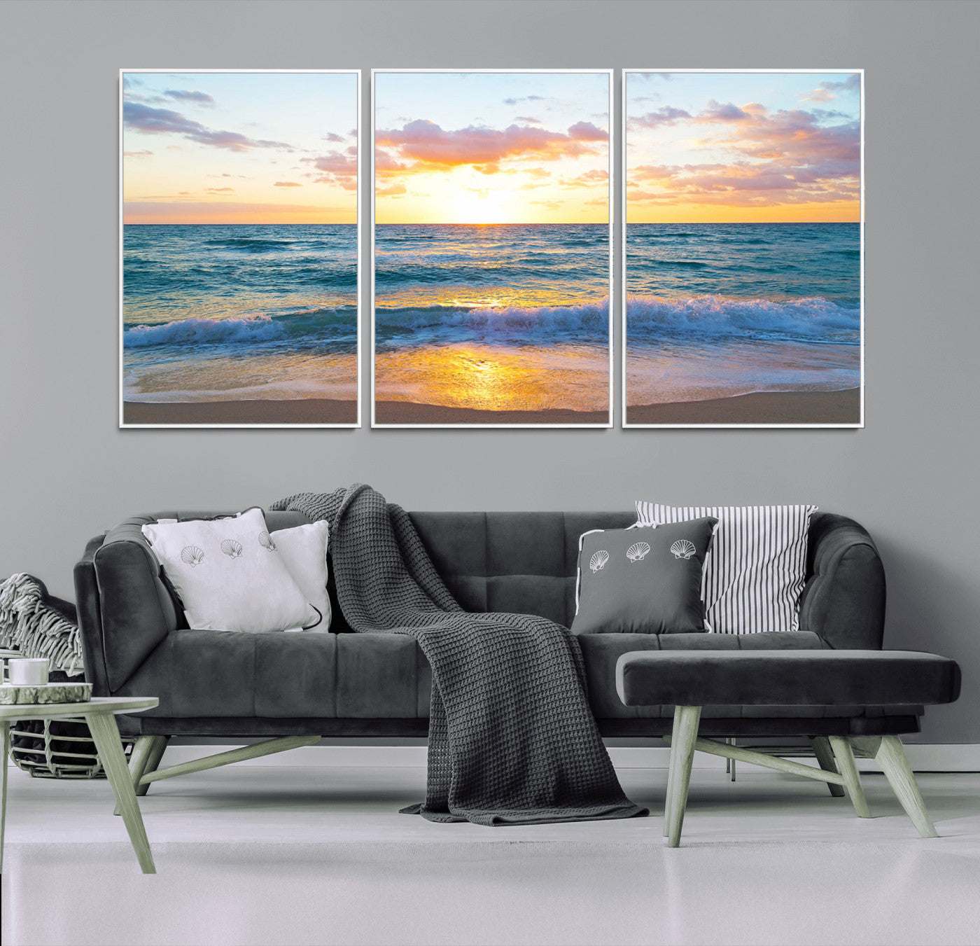 MGV-FC-60X30-3P - Golden Sunset Over Ocean Waves - Serene Coastal Triptych Wall Art for Relaxing Home Decor, Ready to