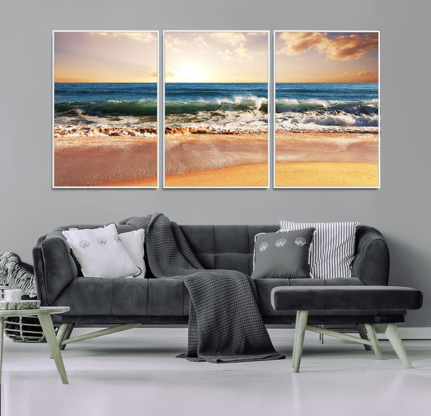 MGV-FC-60X30-3P - Sunset Beach Wall Art - 3-Panel Framed Canvas Print, Ready to Hang Ocean Sunset for Coastal and
