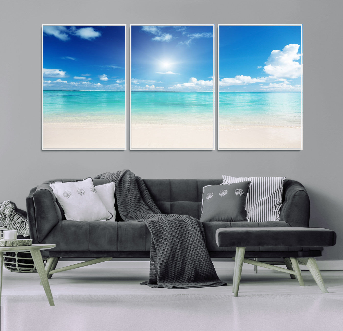 MGV-FC-60X30-3P - Blue Ocean Wall Art Canvas Print - Tranquil Ocean Paradise Triptych Wall Art - Ready to Hang Beach