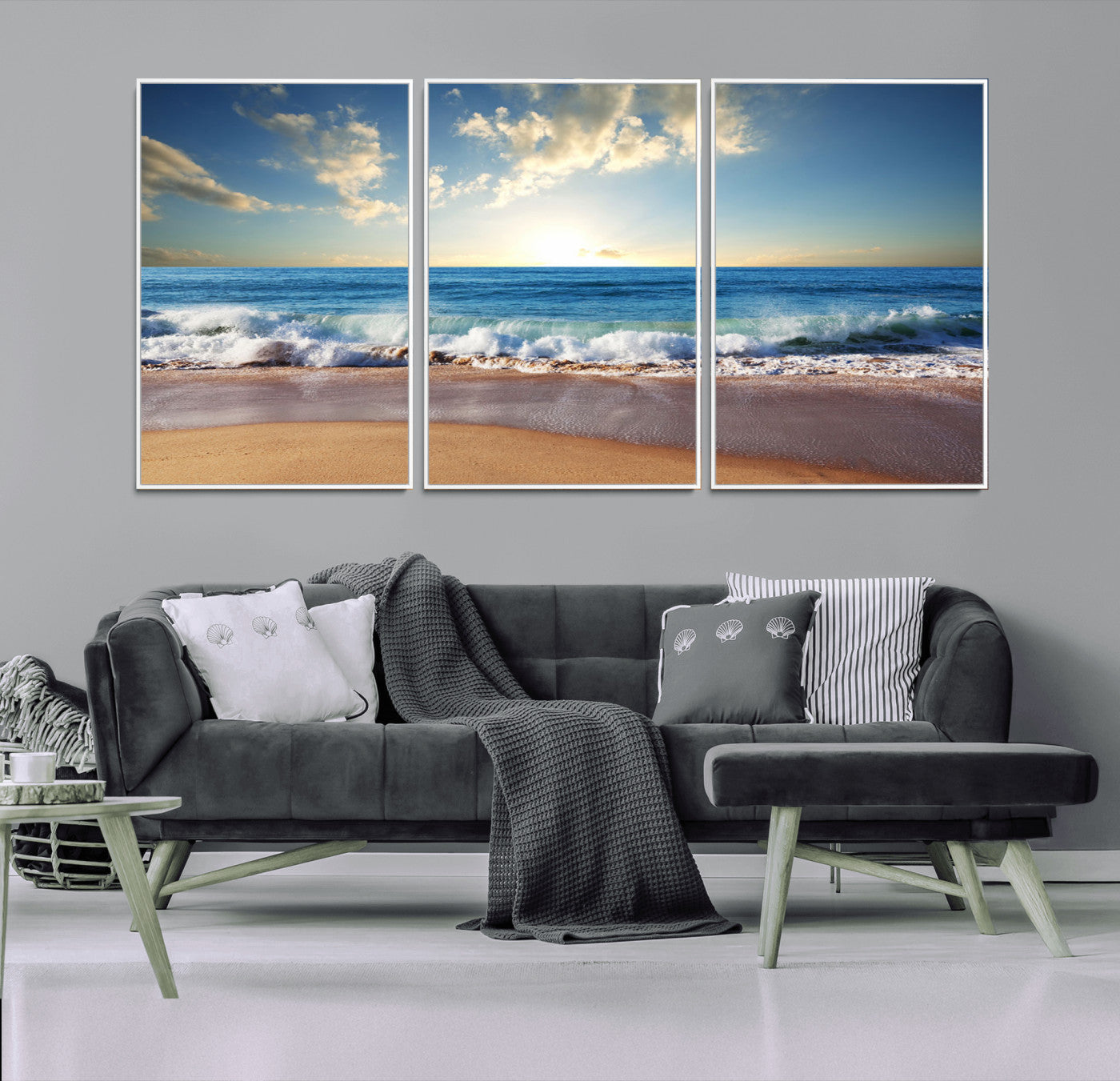 MGV-FC-60X30-3P - Serene Ocean Sunset Canvas Wall Art - Beach Waves at Sunset, Ready to Hang