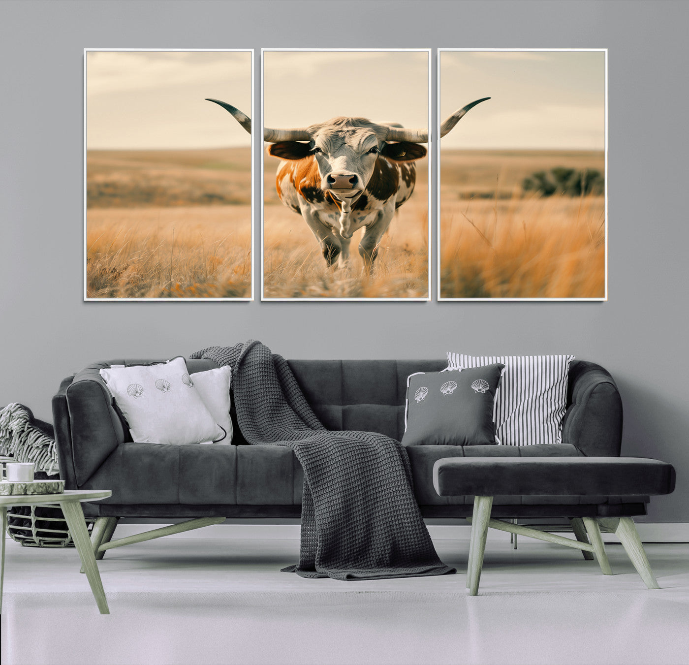 16580-MGV-FC-60X30-3P_White-Texas Cow Longhorn Wall Art Canvas Print for Farm House Wall Decor, Farmhouse Cow Print Canvas Wall Art Print