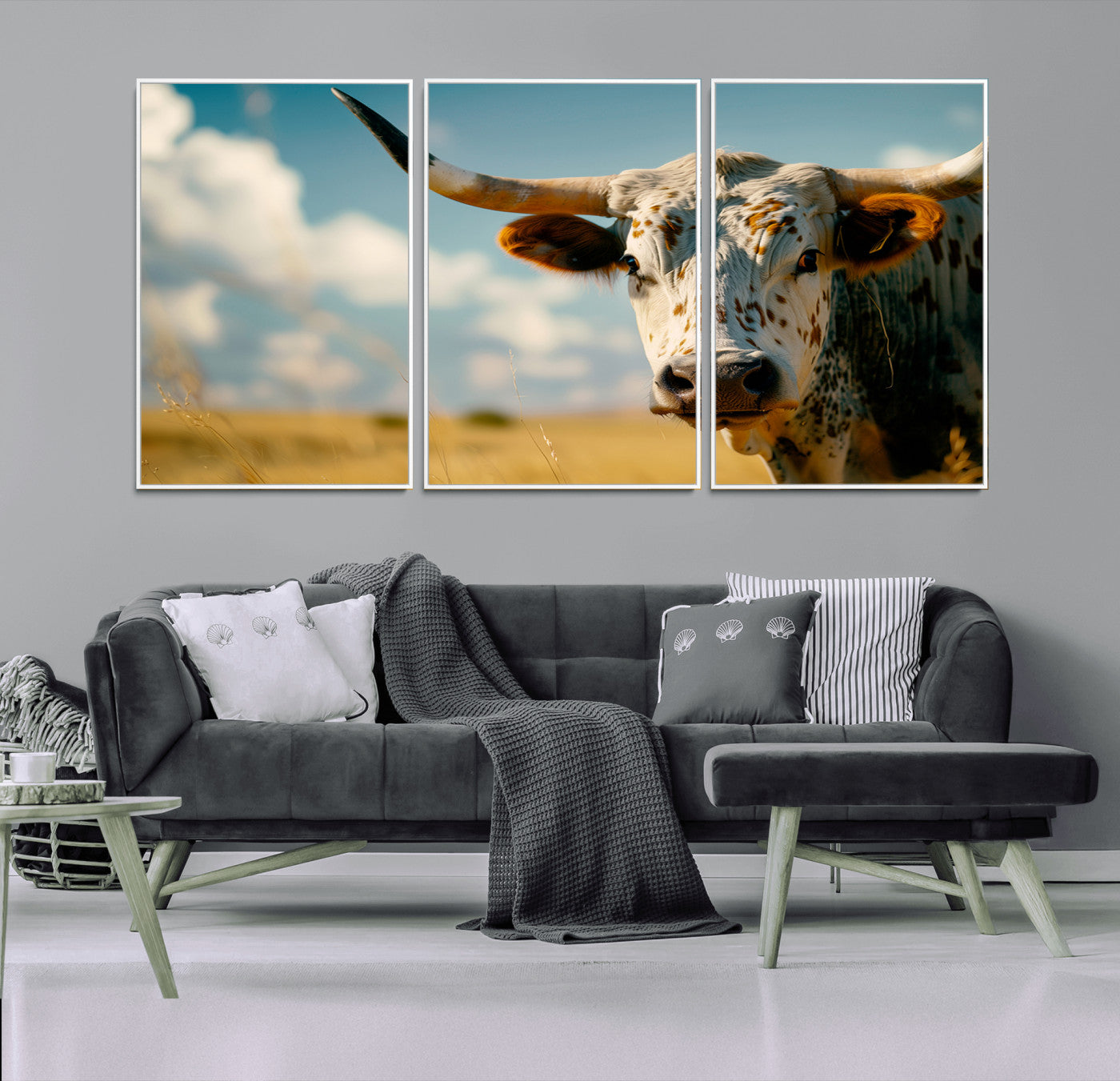 MGV-FC-60X30-3P - Longhorn in the Prairie - Stunning Ranch-Style Triptych Wall Art for Western Home Decor, Cowboy Wall
