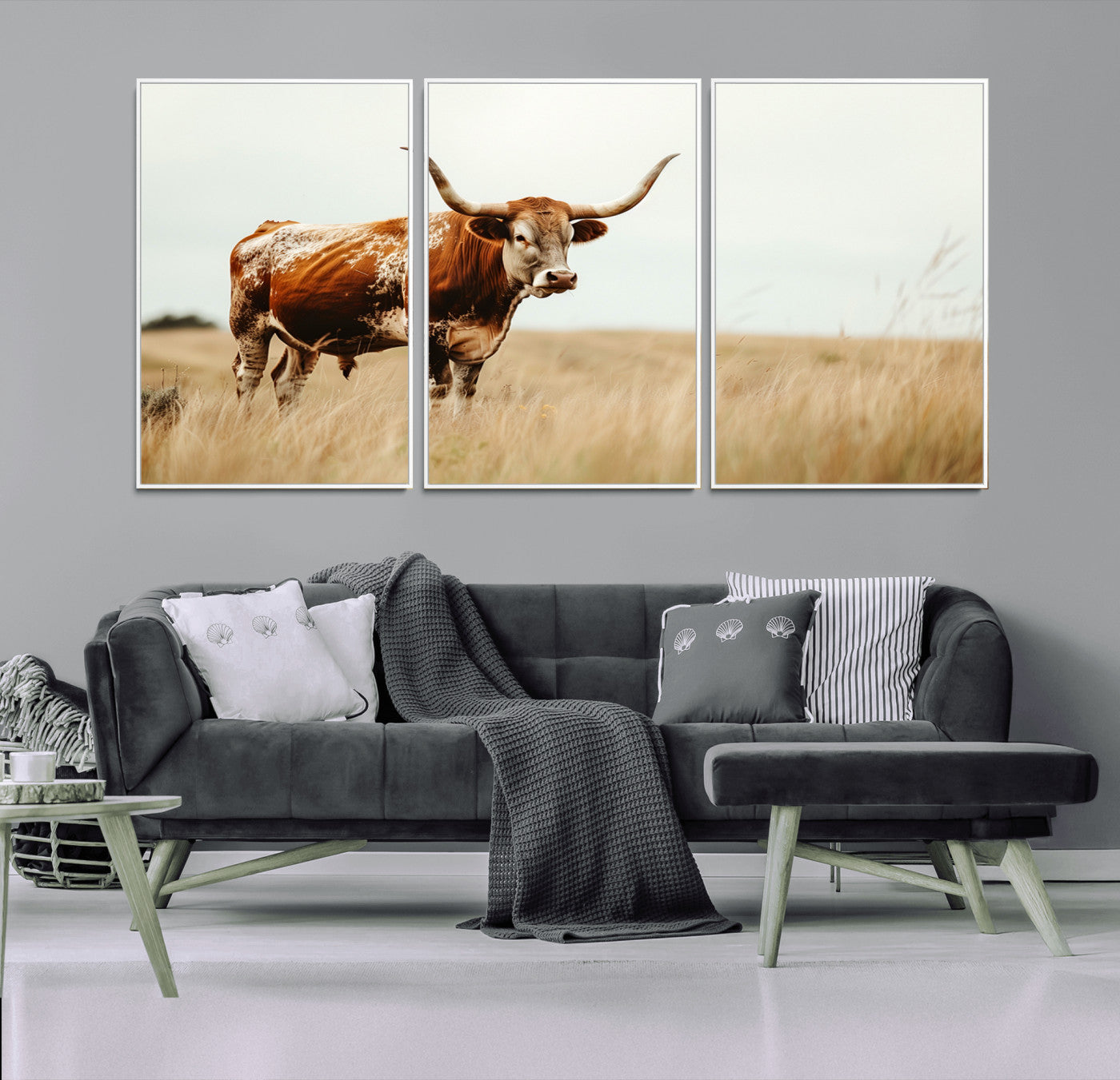 MGV-FC-60X30-3P - Texas Longhorn Canvas Wall Art Print – Majestic Western Cattle in Rustic Farmhouse Decor – Cow Wall