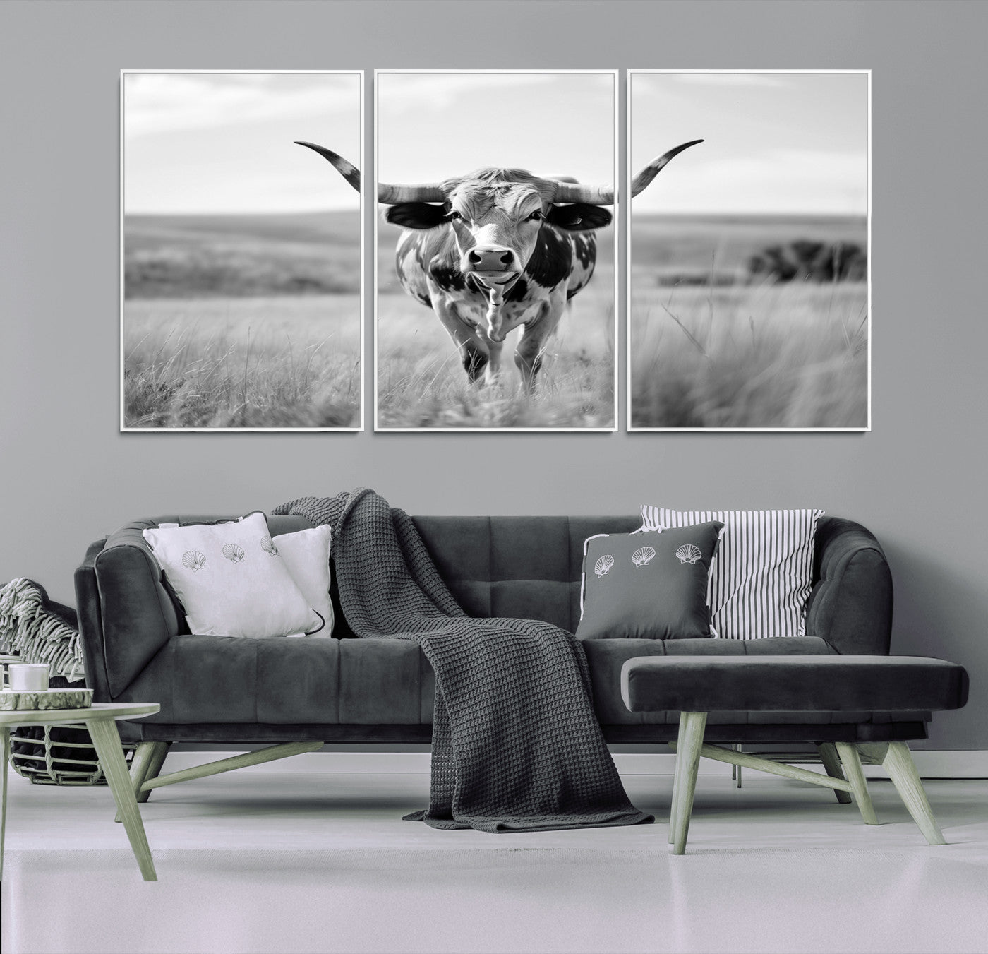 MGV-FC-60X30-3P - Texas Cow Longhorn Wall Art Canvas Print for Farm House Wall Decor, Farmhouse Wall Art Print