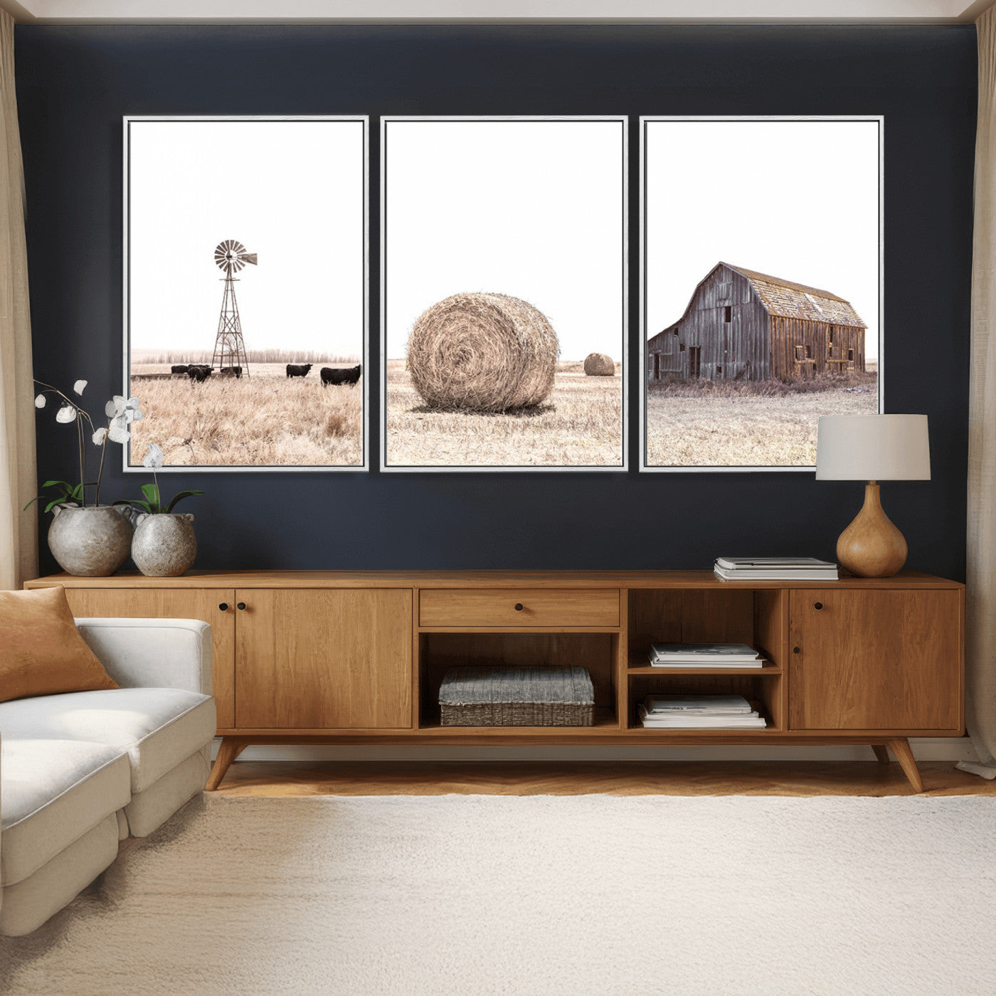 30918-MGV-CV-60X30-3P - Rustic Farmhouse Wall Art Set of 3 – Country Barn and Wheat Field | Farm Prints for Country Home and