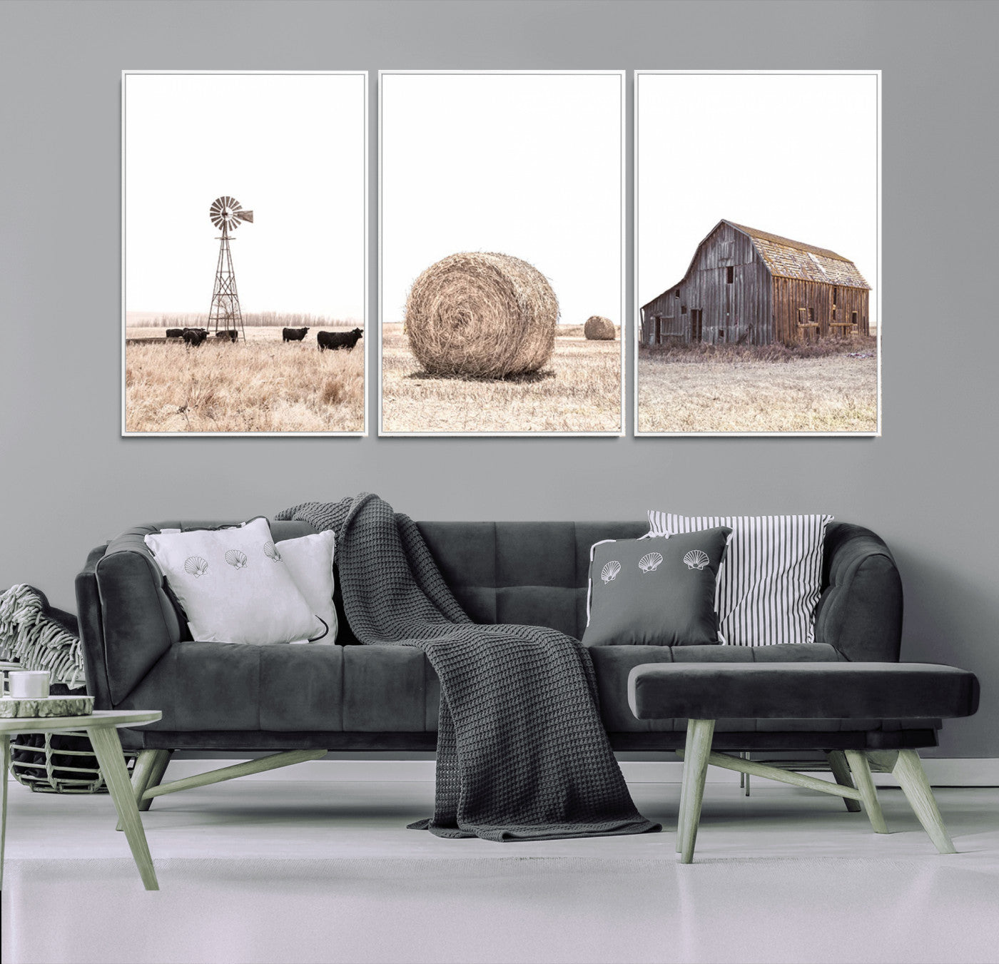 MGV-FC-60X30-3P - Rustic Farmhouse Wall Art Set of 3 – Country Barn and Wheat Field | Farm Prints for Country Home and