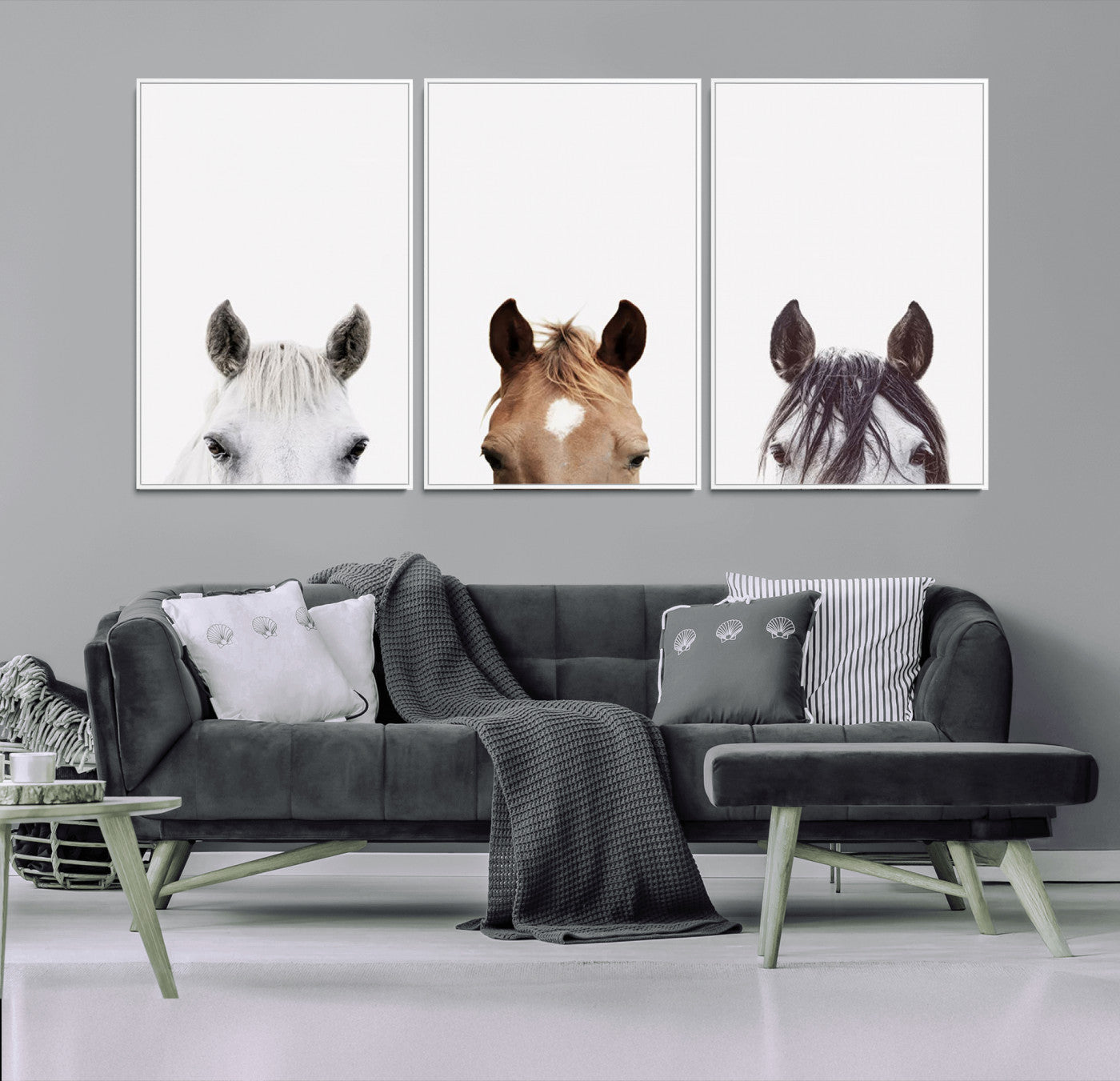 59160-MGV-FC-60X30-3P_White-Horse Prints Set, Set of 3 Horse Wall Art, Horses Portraits, Farmhouse Wall Art, Farm Animals Canvas, Animals Portraits Set, Horse Poster