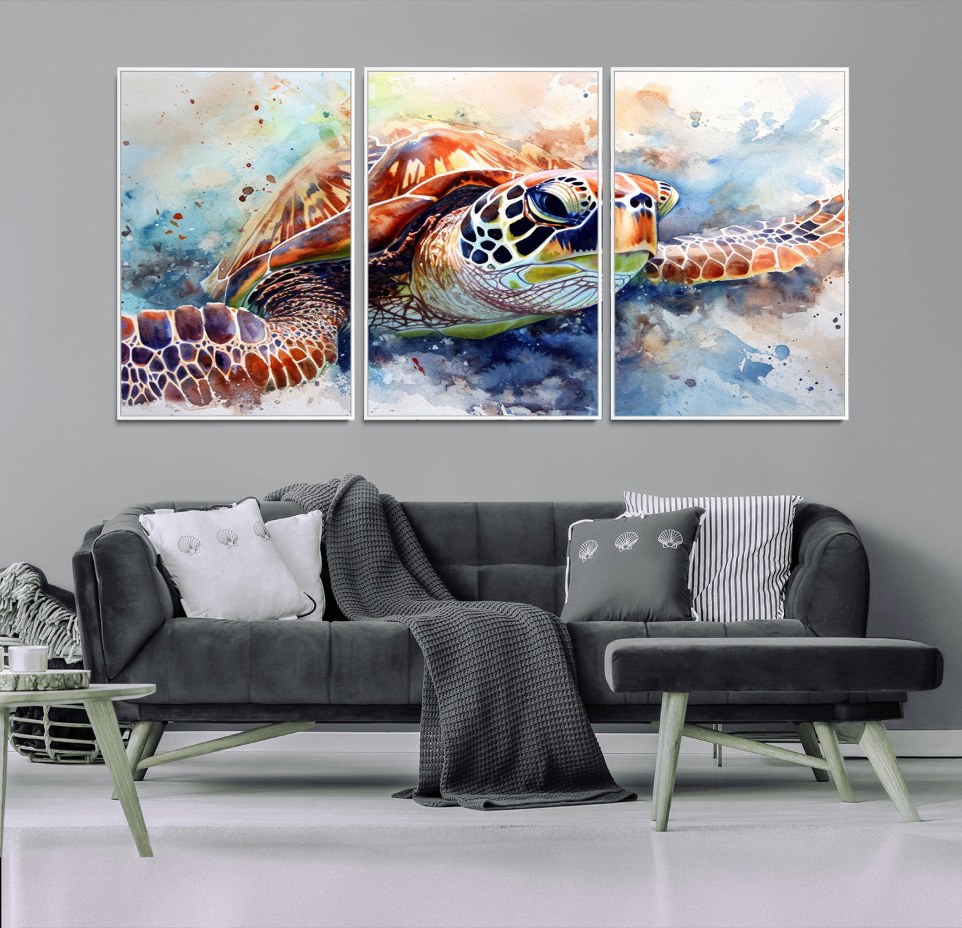 MGV-FC-60X30-3P - Watercolor Sea Turtle Wall Art Canvas Print - Vibrant Ocean Colors in Watercolor Style - Ready to
