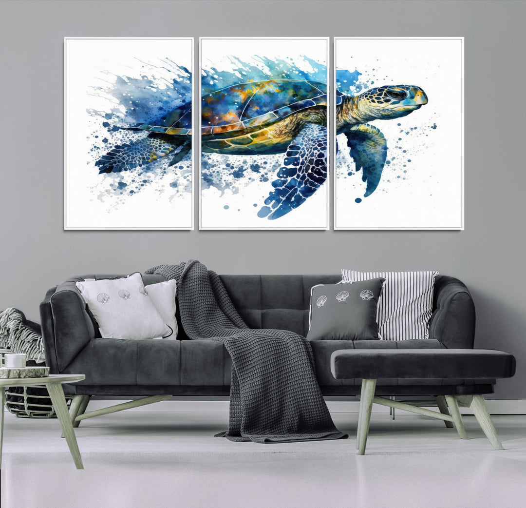 A living room features an eco-friendly inks sea turtle art print from [Keyword] Canvas Wall Art.